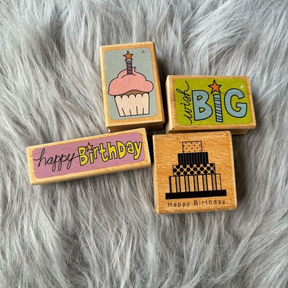 Lot Of 4 Wooden Rubber Stamps Happy Birthday Wish Big Cake Party Scrapbooking - Picture 1 of 4